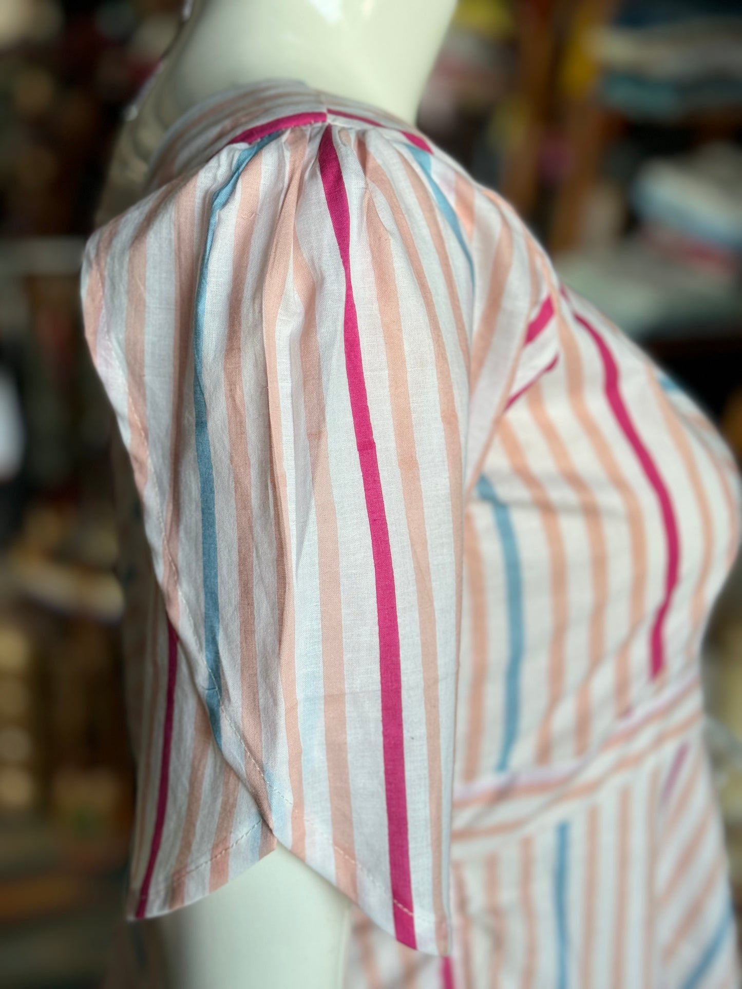 Colourful stripes on white soft cotton square neck dress with petal sleeves