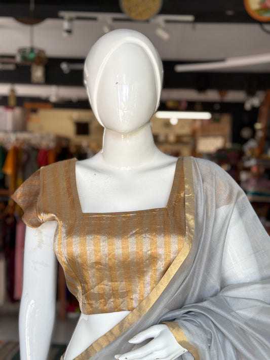 Gold n Silver stripes tissue silk Chanderi handloom blouse with square neckline and short sleeves