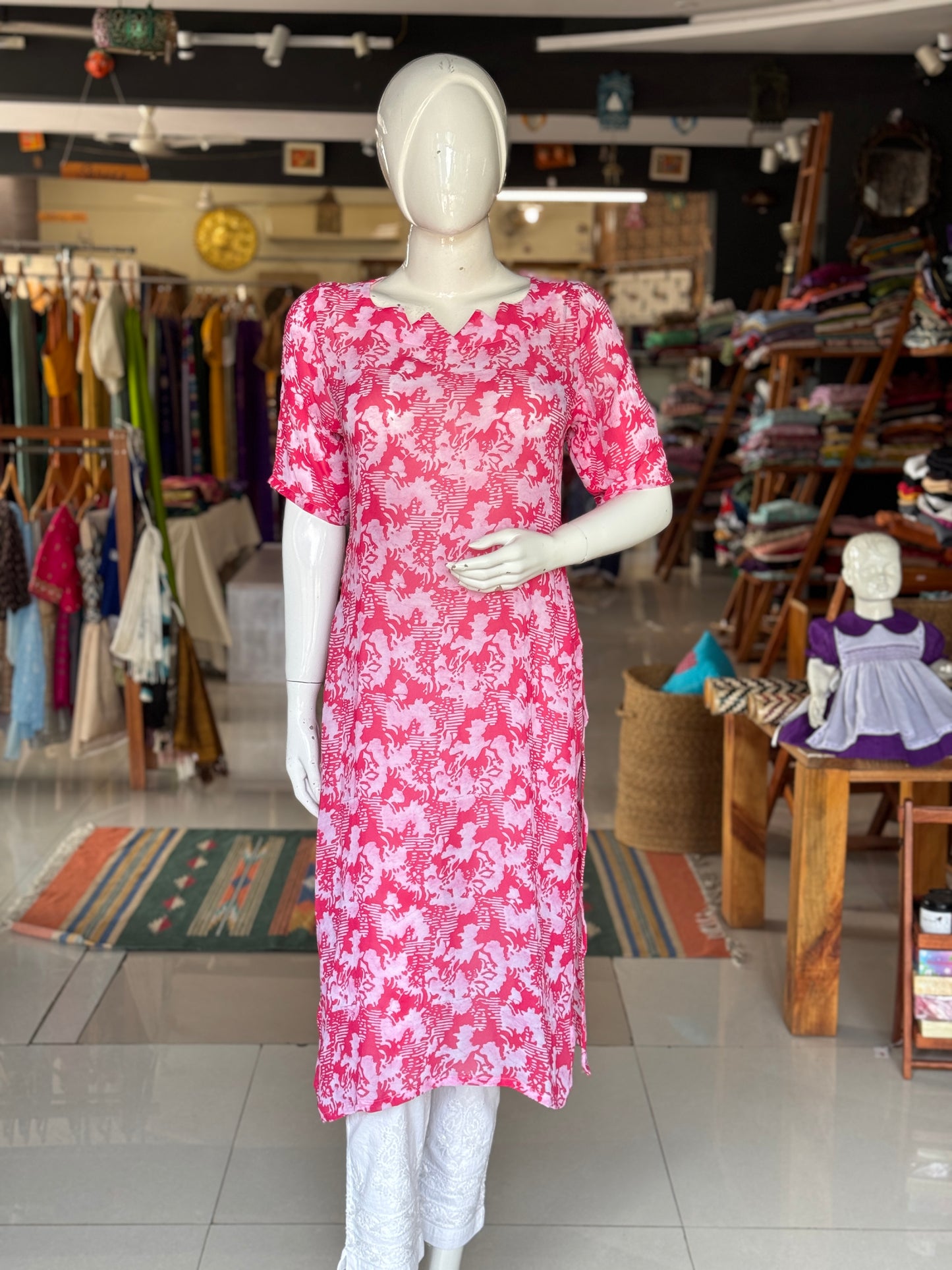 Pink and white hand batik georgette straight kurta