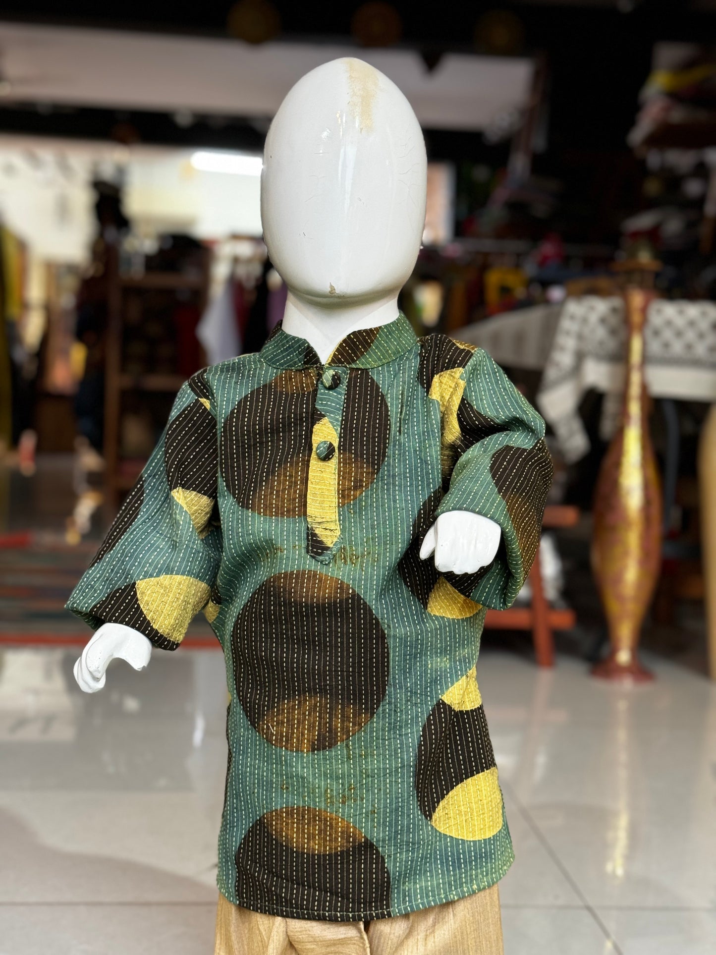 Green circles print Ajrakh hand block printed long kurta for boys