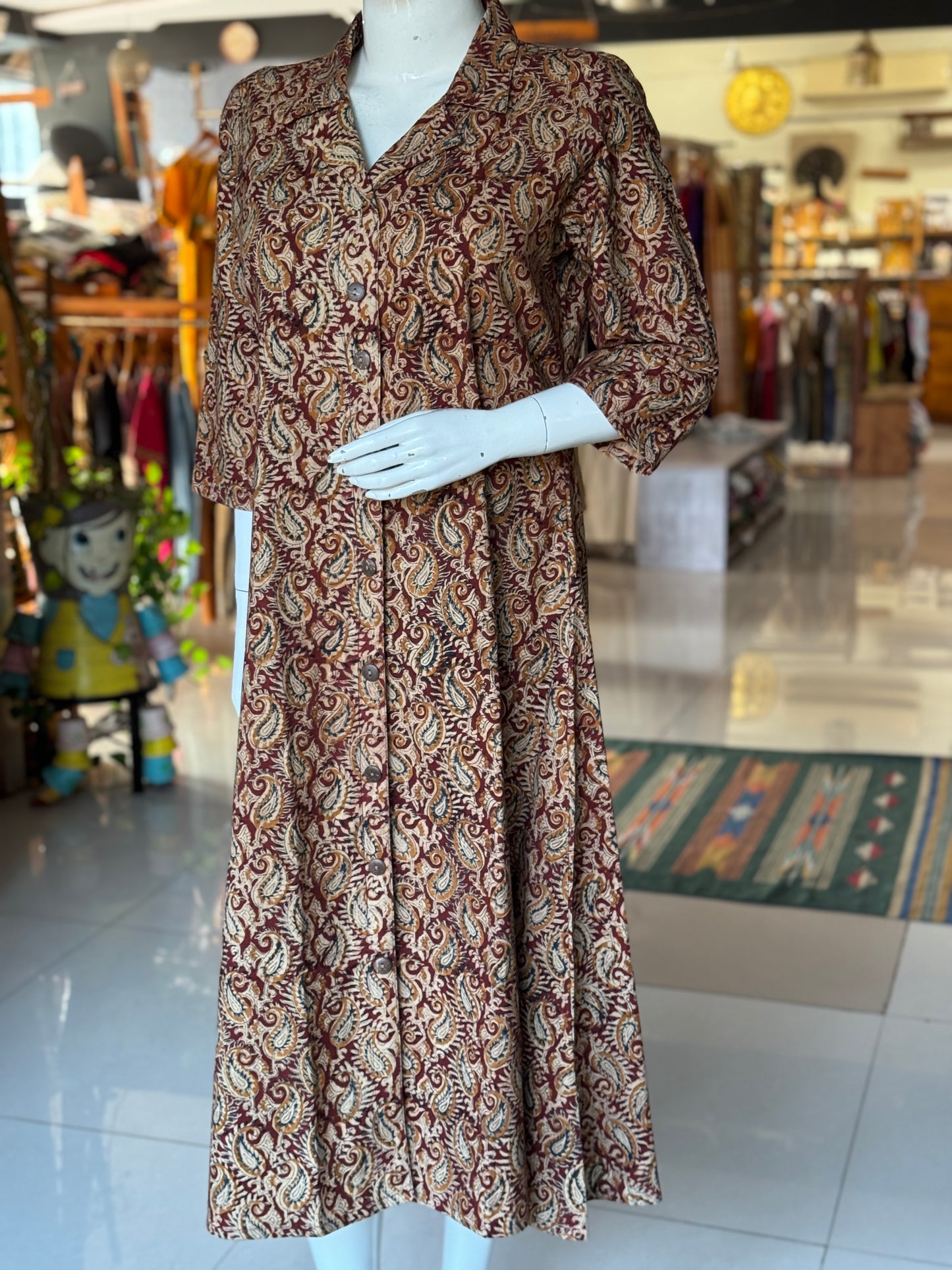Kalamkari hand block printed collared dress -  Freedom fabric kurti - Hand spun, hand woven, hand block printed cotton