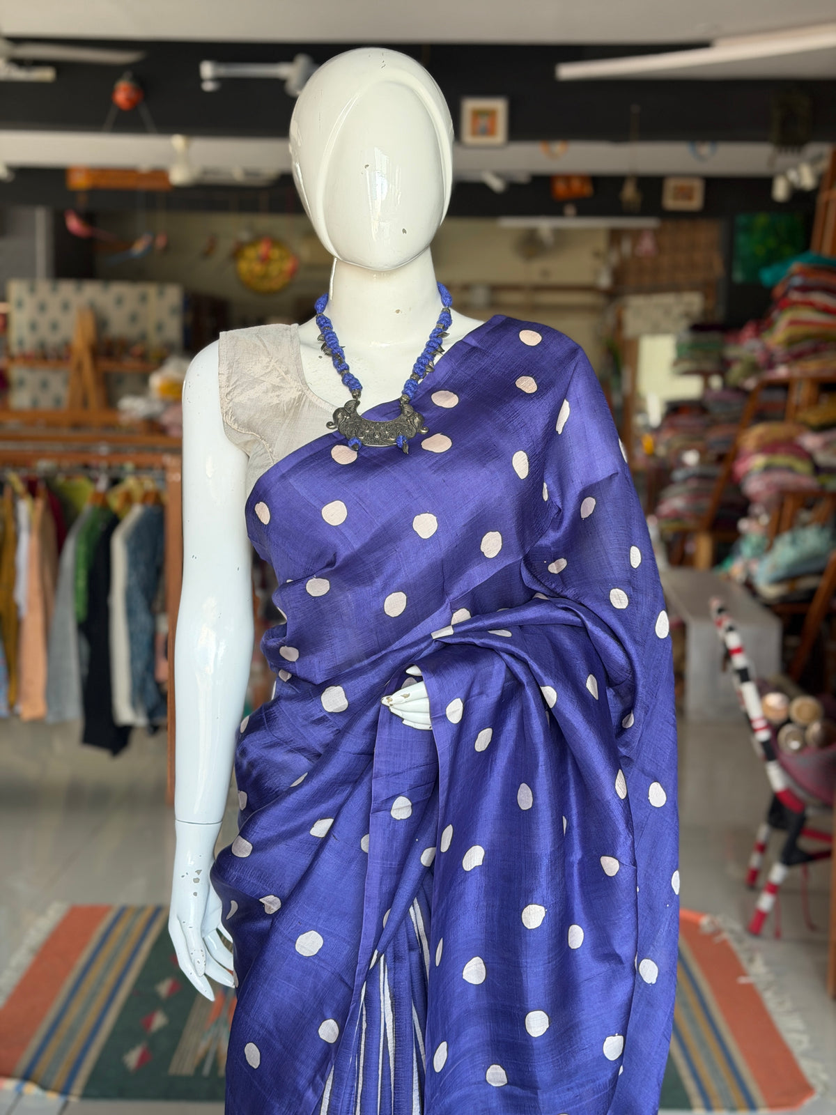 Blue dots and stripes hand painted, hand batik soft 3 ply Murshidabad silk saree