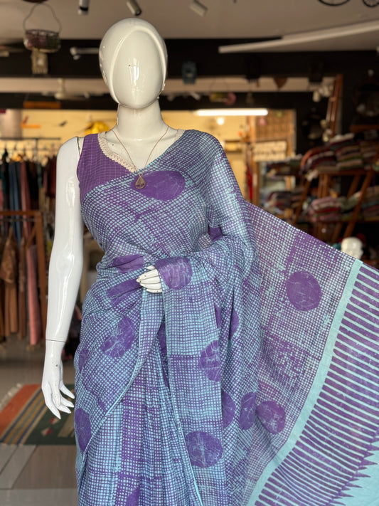 Lavender checks and circles hand Batik soft cotton saree