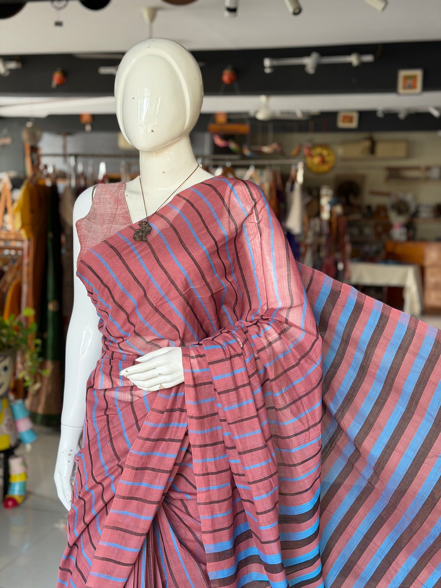 Wine Mangalagiri handloom cotton saree with blue vertical stripes