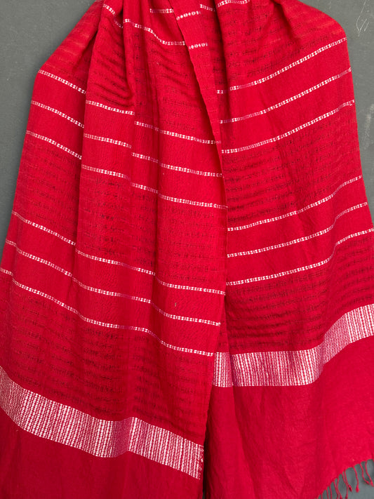 Red cotton handloom stole with missing lines weave