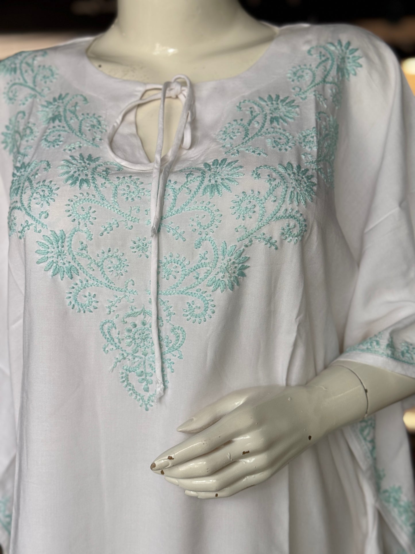White Chikankari hand embroidered cotton kaftan