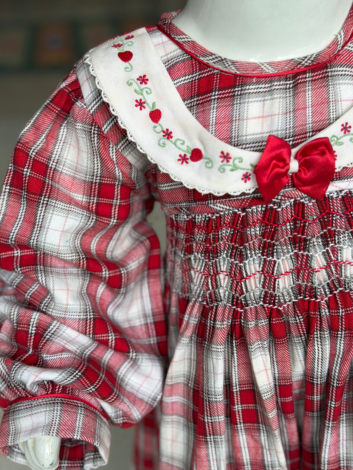 Red and white checkered embroidered smocking frock for girls with long sleeves