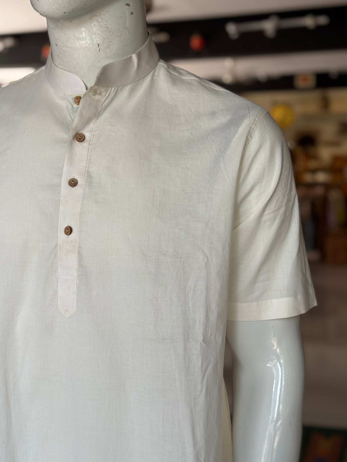 Offwhite cotton band collared thigh length kurta for men with wooden buttons