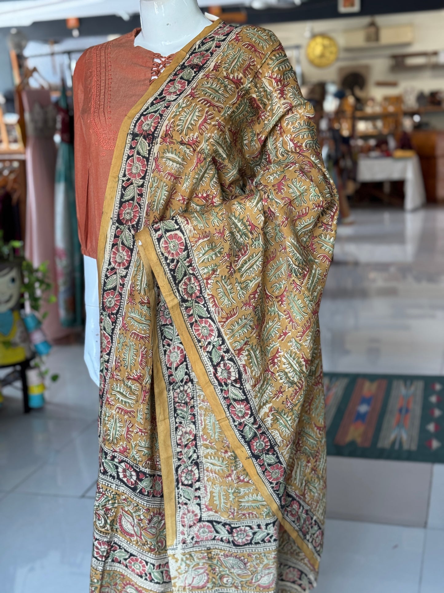 Mustard with leaves design  Kalamkari handpainted on silk dupatta
