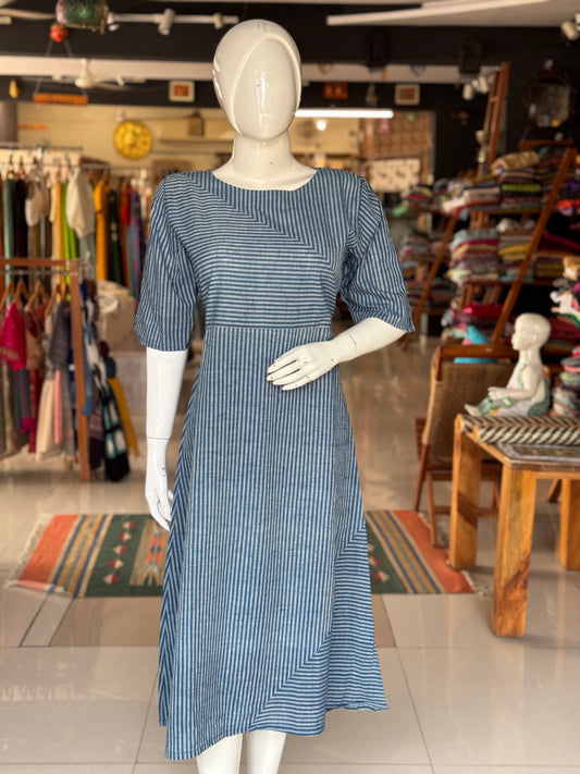 Indigo blue natural dyed, handwoven cotton dress with stripes play
