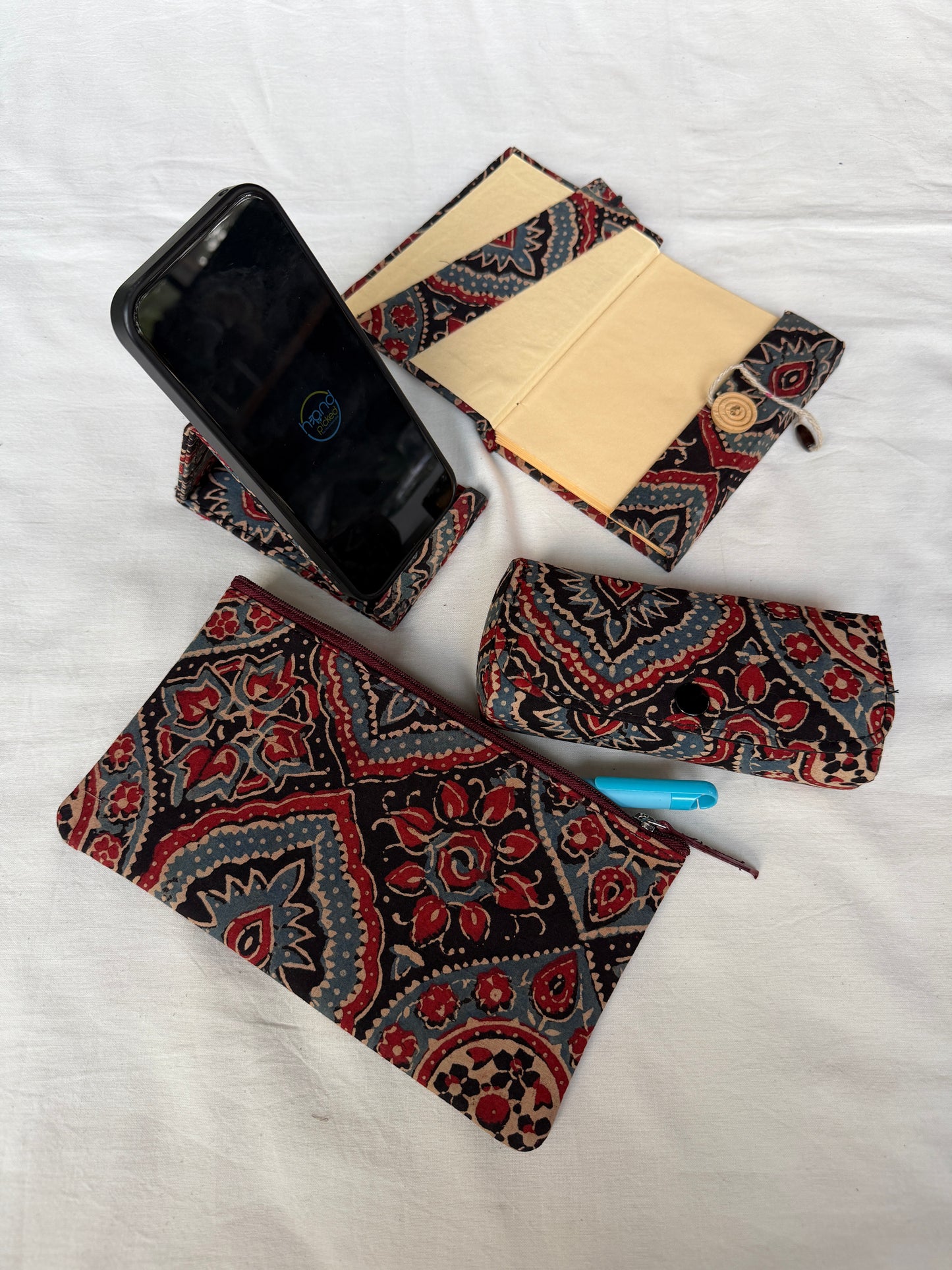 Gift set - small fabric covered notebook, bookmark, mobile phone holder, utility zippered pouch, spects / goggles case - handcrafted 5 piece gift set