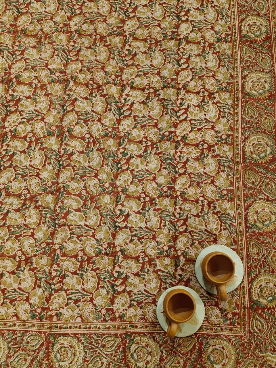 Red green floral hand block print single 60 x 90 inches size Kalamkari Bedsheet / table cover