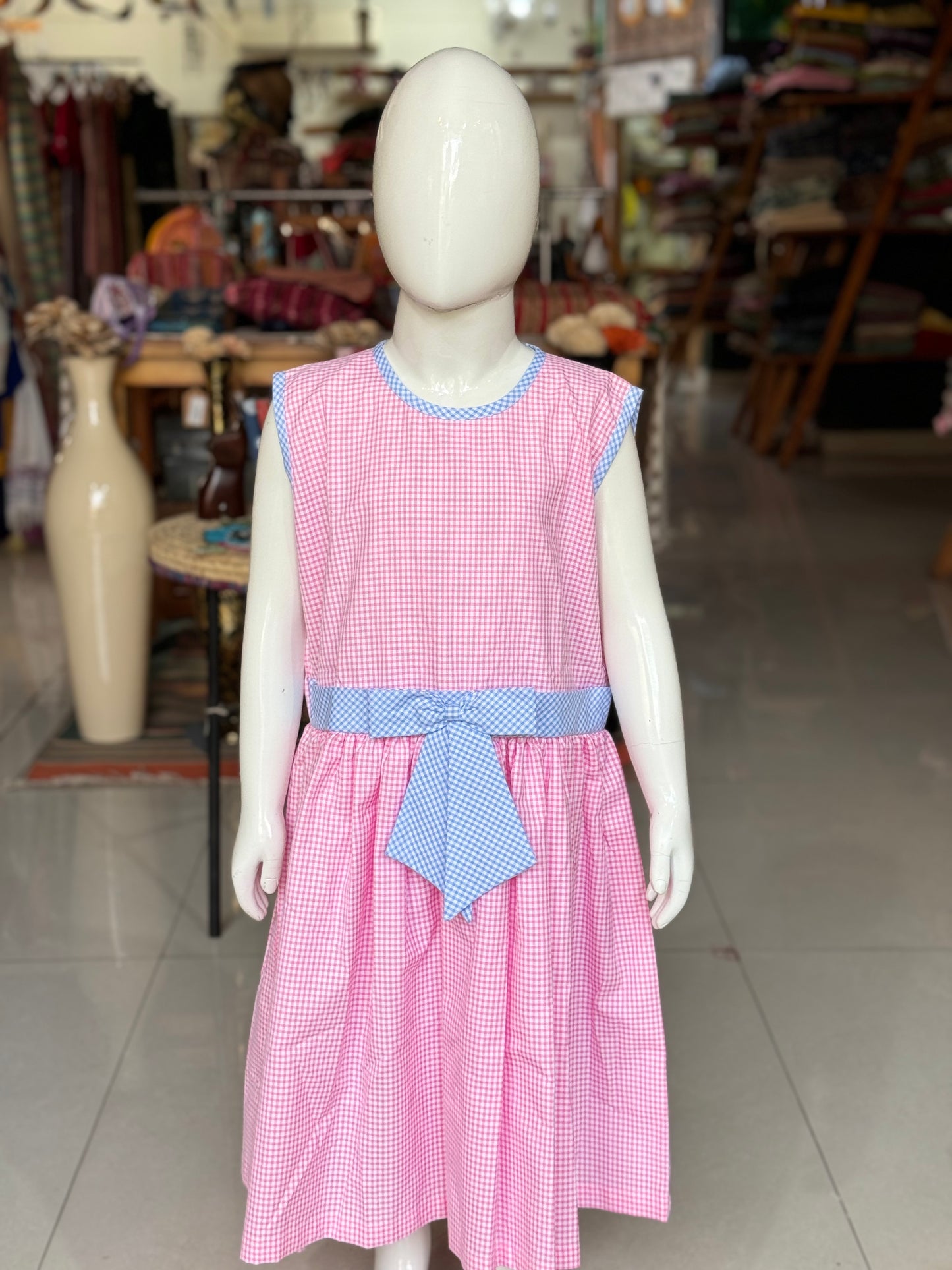 Pink and blue checks cotton frock with bow at waist