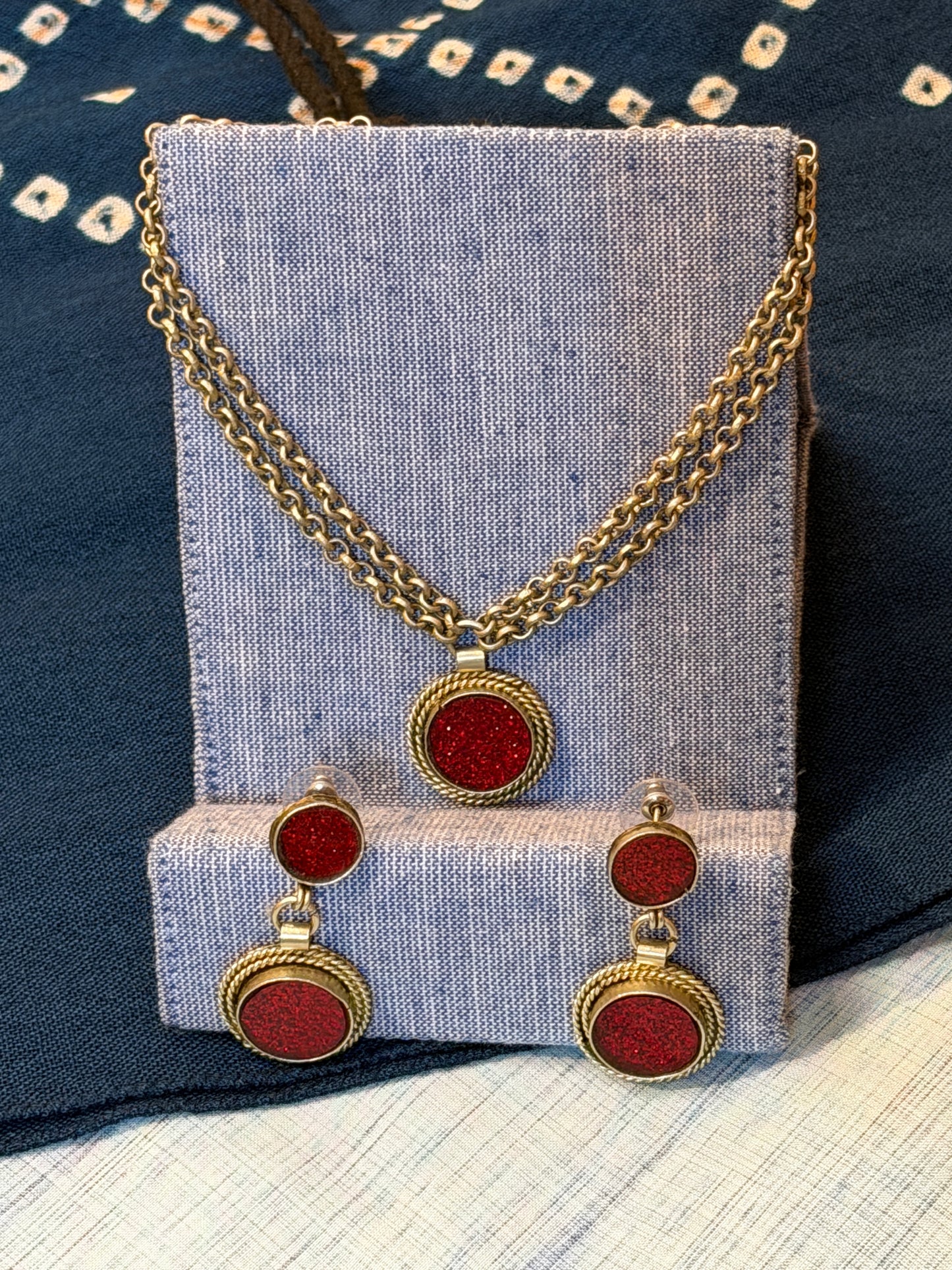 Red round pendant with double chains handcrafted choker and ear rings set