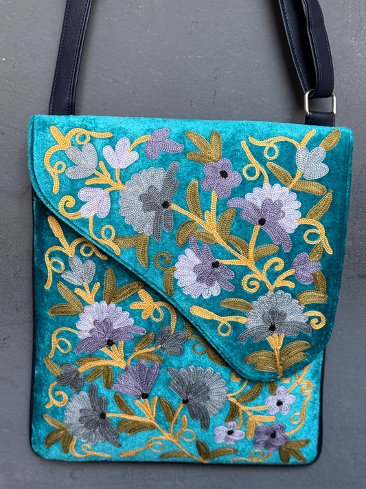 Blue Kashmiri floral Aari embroidered sling bag with adjustable length strap