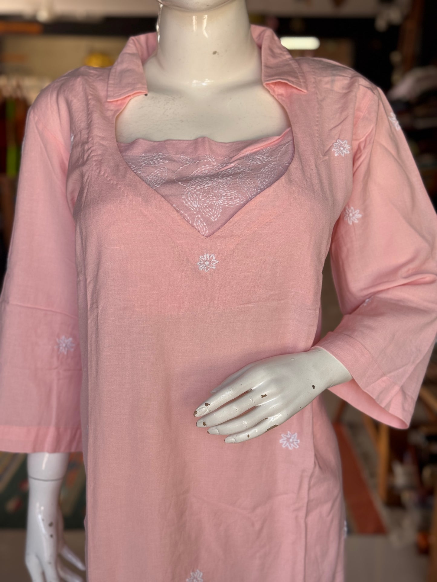 Light pink hand embroidered cotton kurta, inner top and pants - 3 piece set