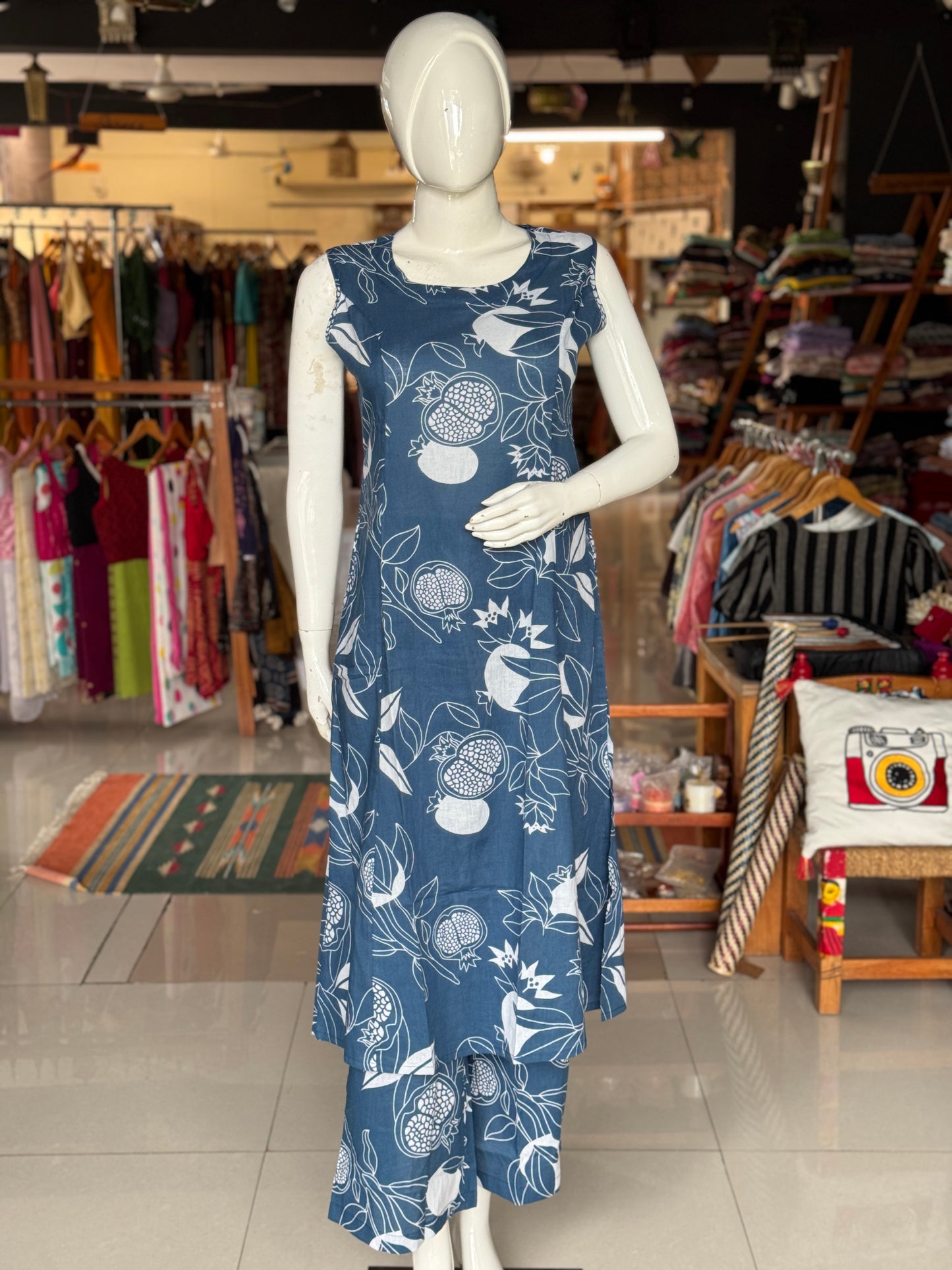Floral print sleeveless cotton kurti, flared pants - coord set , 2 piece - multiple colors options