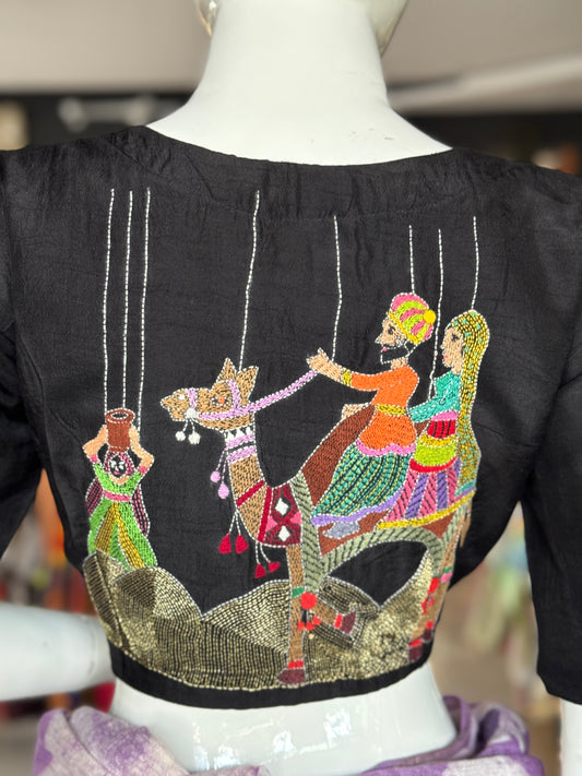 Black camel safari couple - Kantha hand embroidered silk blouse
