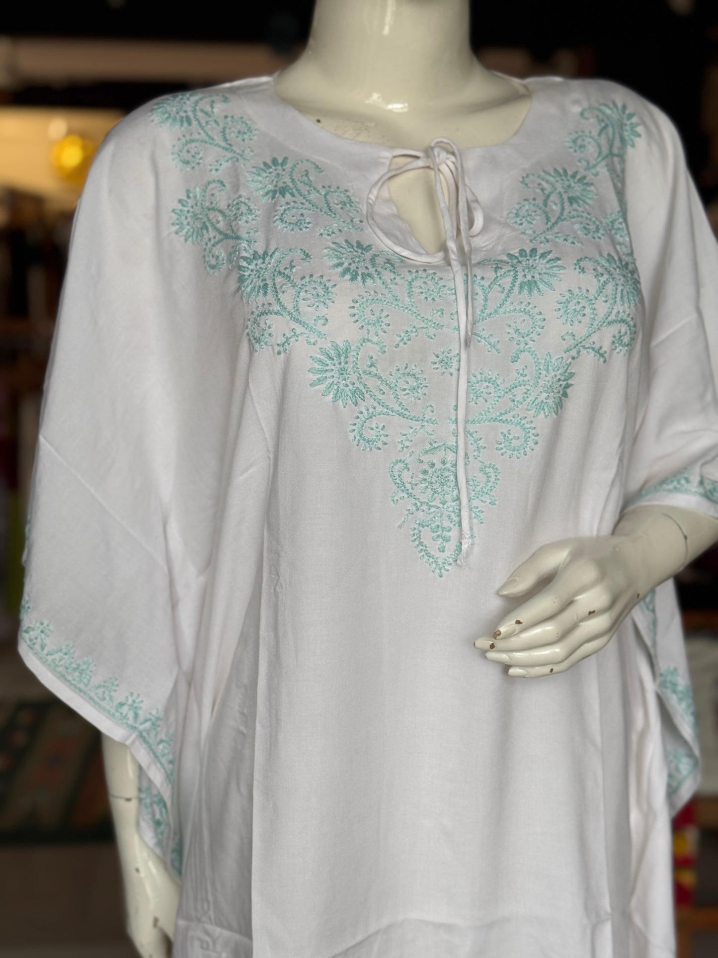 White Chikankari hand embroidered cotton kaftan