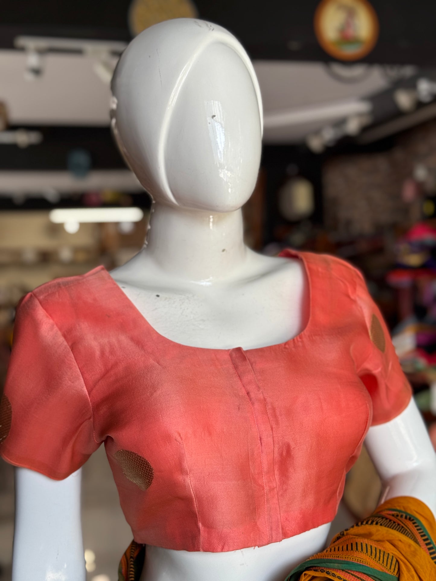 Peach pure silk organza handwoven blouse with gold circle motifs