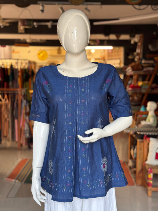 Blue Tangaliya handloom cotton top with rose n deer motifs