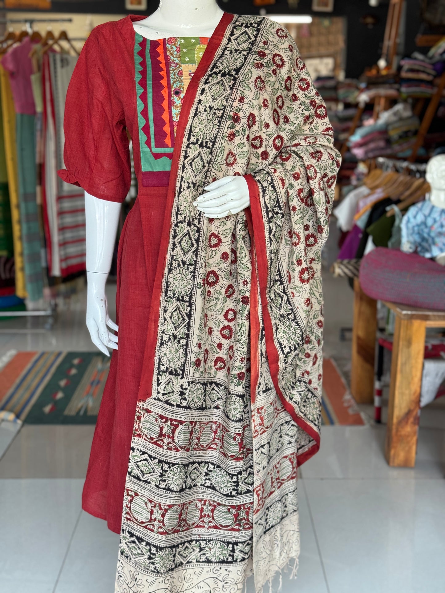 Beige with red floral design Kalamkari hand block printed art silk dupatta