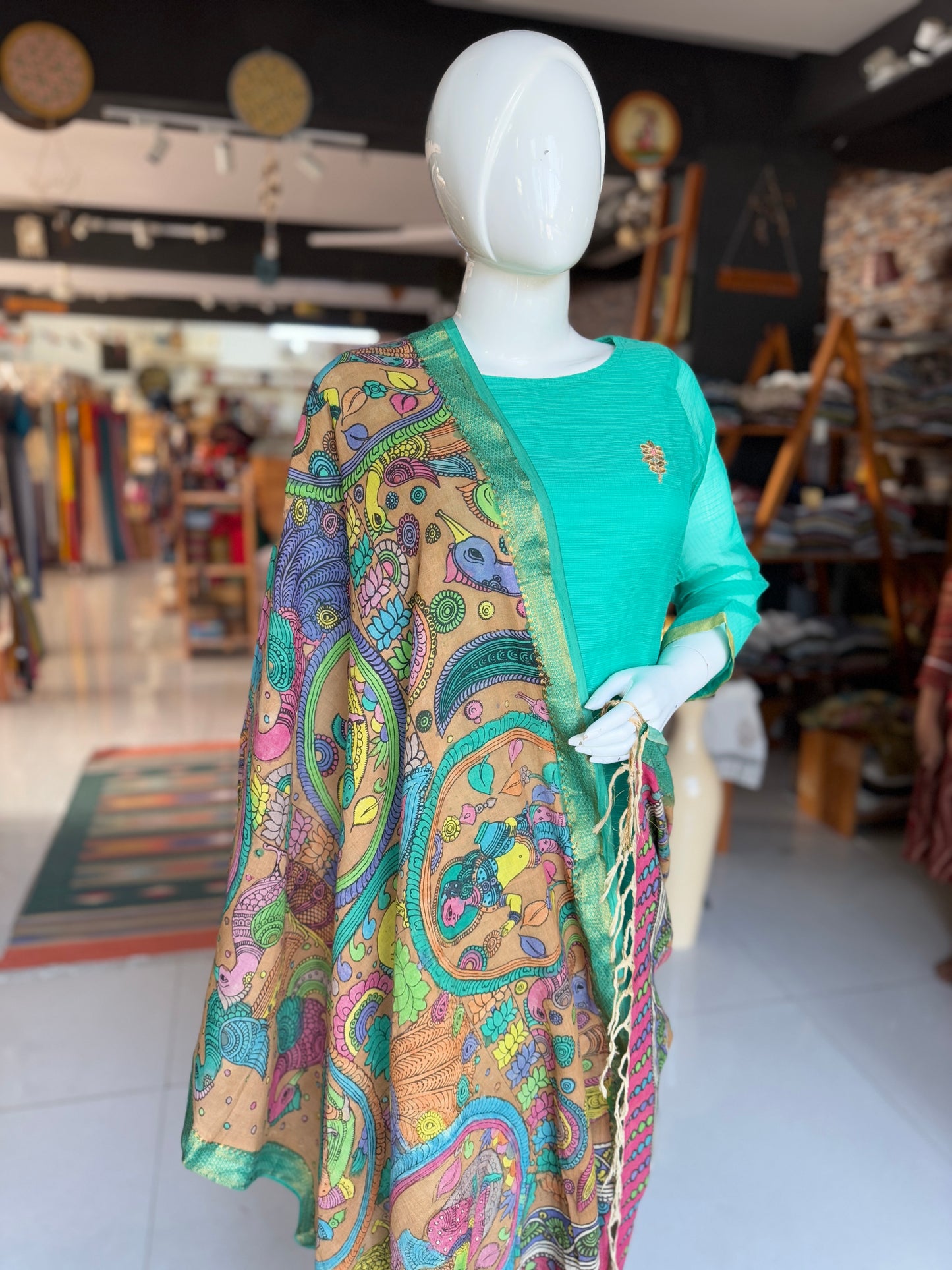 Pen Kalamkari hand painted cotton dupatta