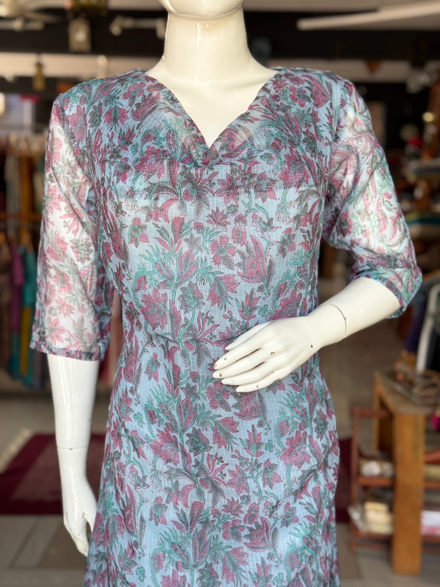 Pastel blue floral hand block printed easy breezy kota cotton dress with cowl neck