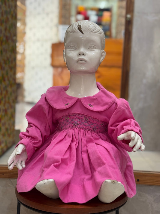 Bright pink Corduroy soft frock with peter pan collar and smocking embroidery