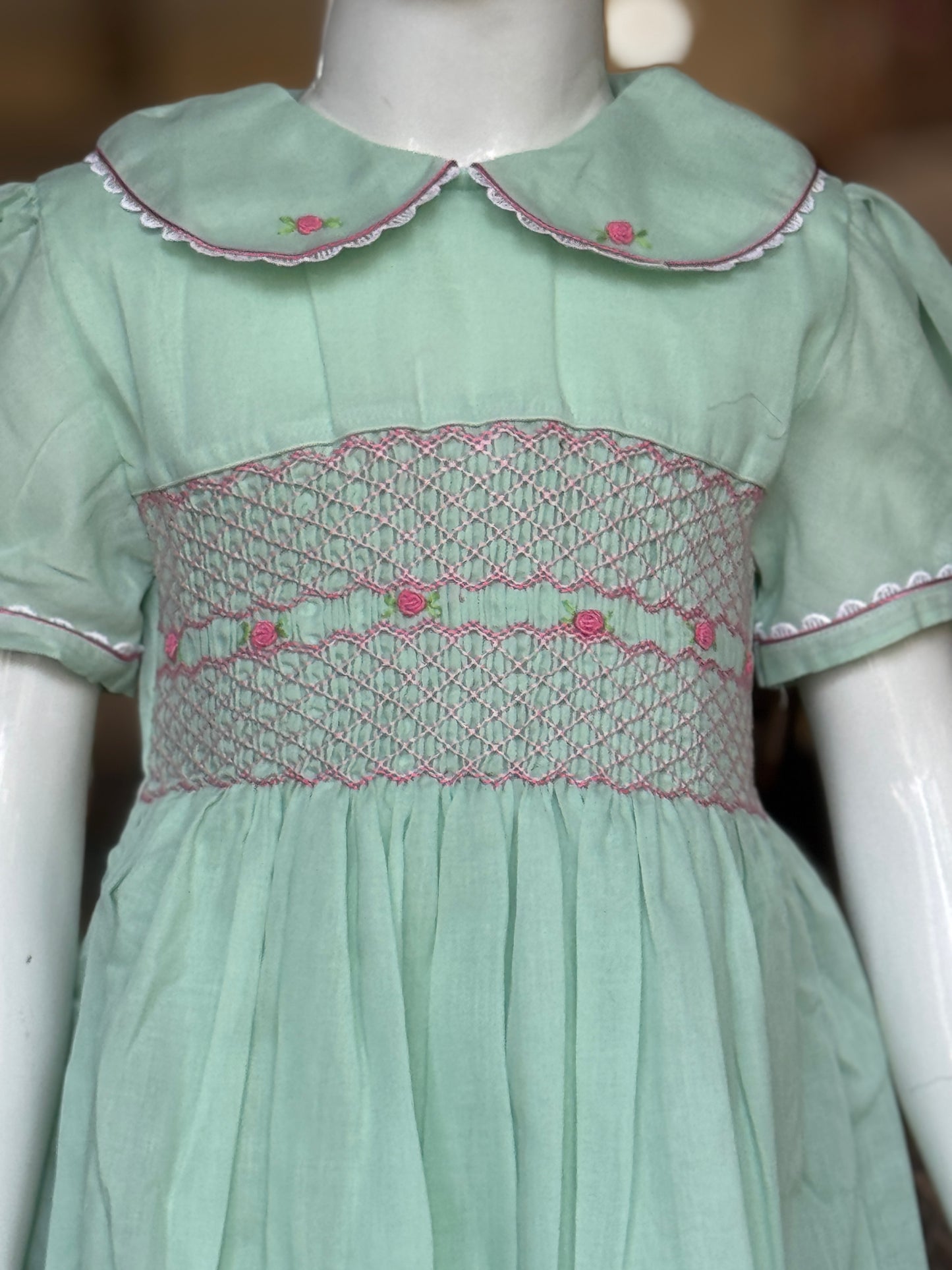 Pista green hand embroidered smocking cotton frock for girls with collar and lace trims