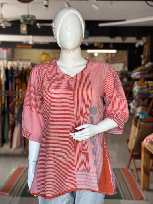 Pink and blue stripes a-line short kurti - hand spun, hand woven, hand block printed cotton