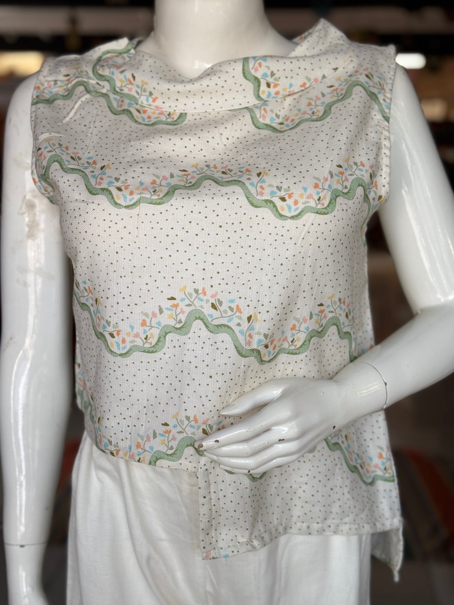 Dots n flowers soft handwoven textured cotton top with asymmetric hemline