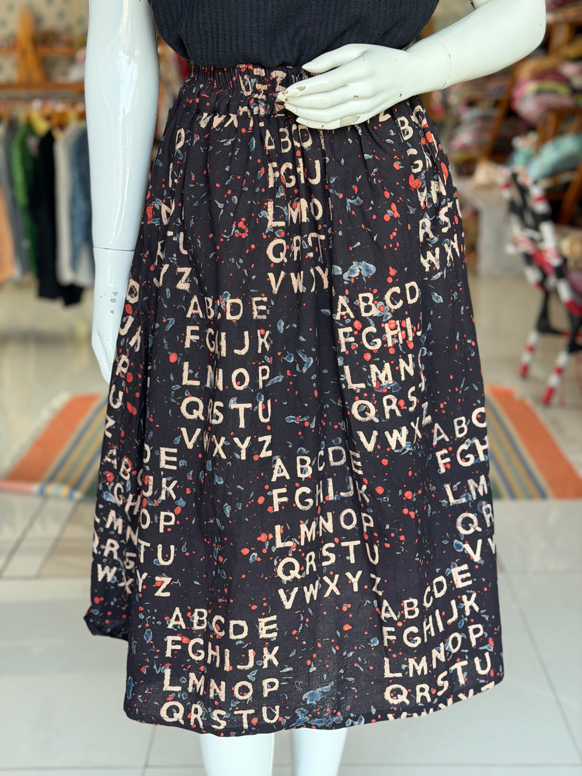 Black ABC alphabet hand block printed Ajrakh cotton skirt