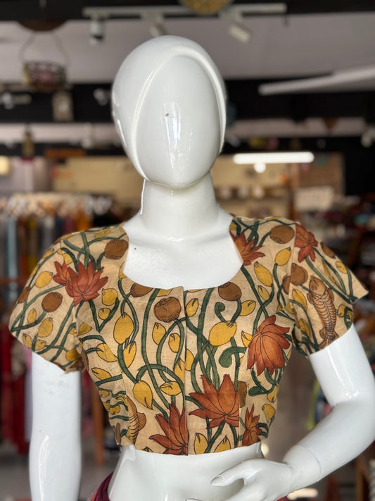 Beige Pen Kalamkari hand painted silk blouse with short sleeves