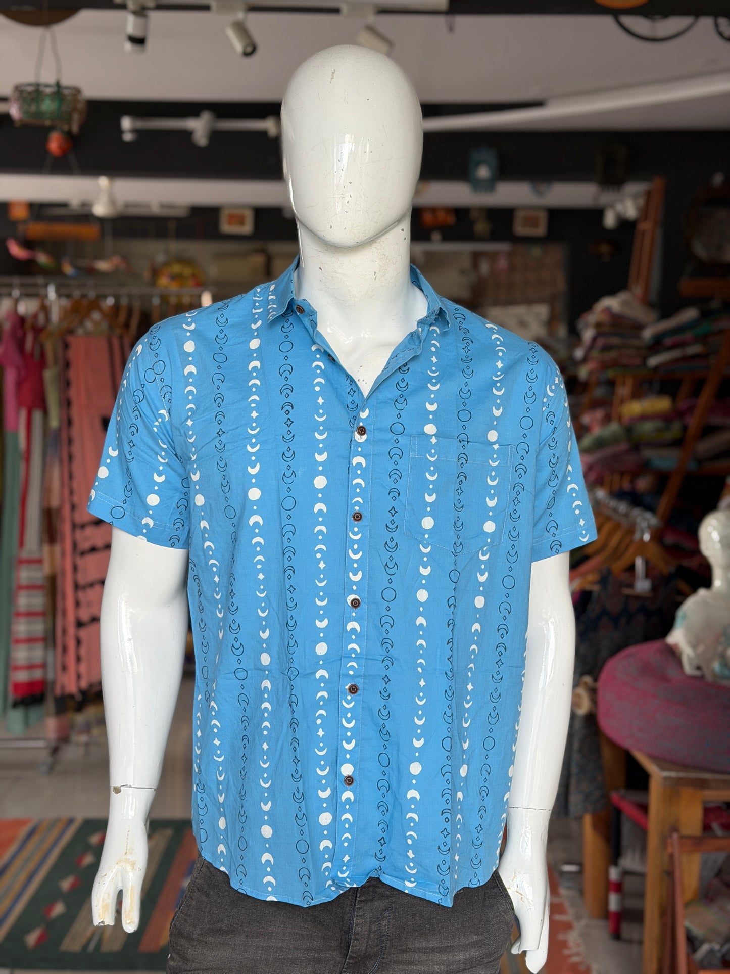Blue phases of moon print half sleeves mens hand block printed cotton shirt
