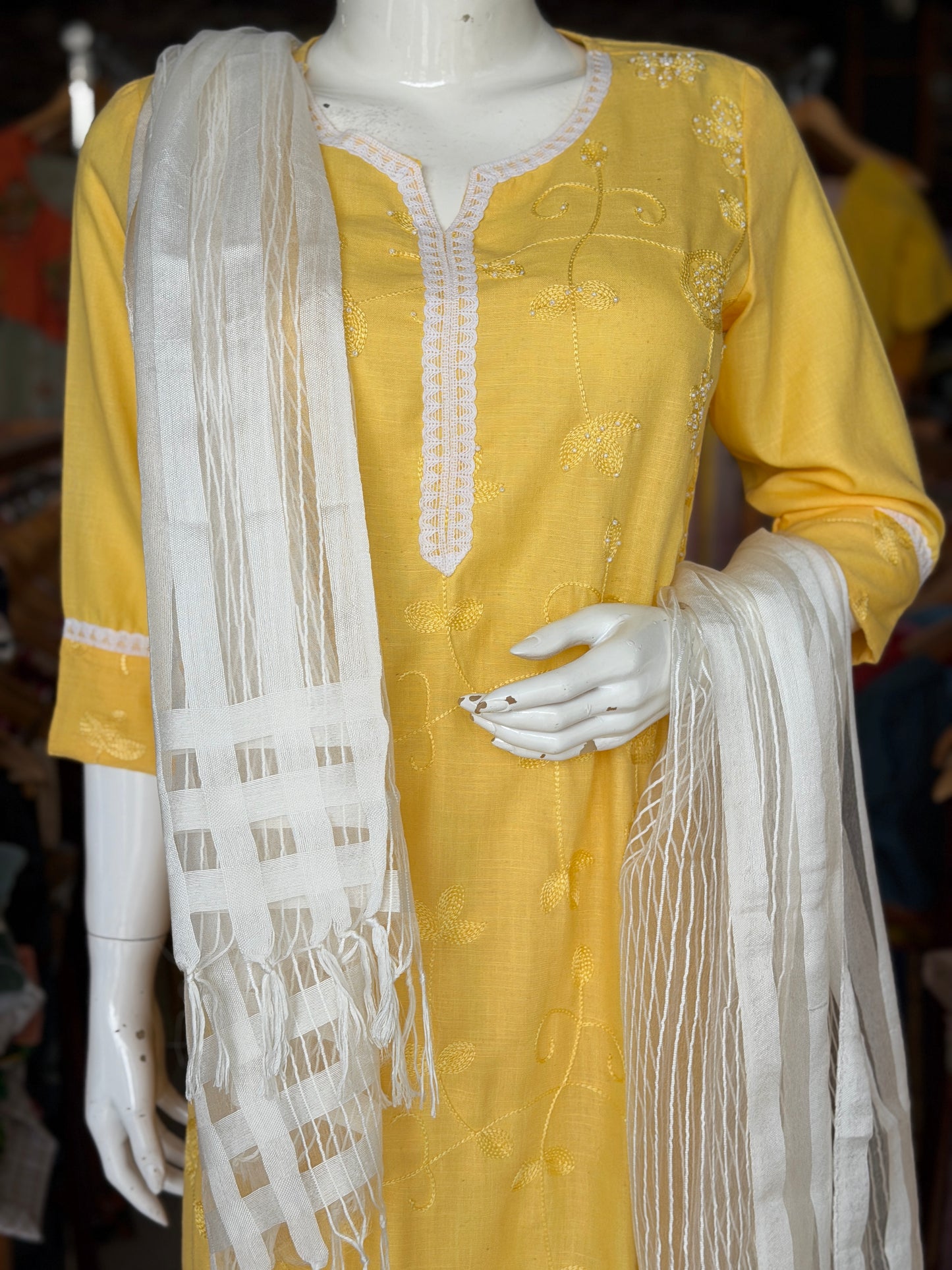 Yellow embroidered cotton kurta, white dupatta n pants set - 3 piece suit set