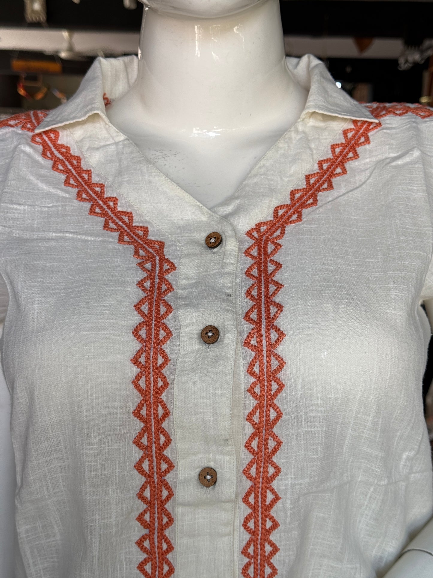 Off white handwoven cotton shirt with hand embroidery and elastic hem
