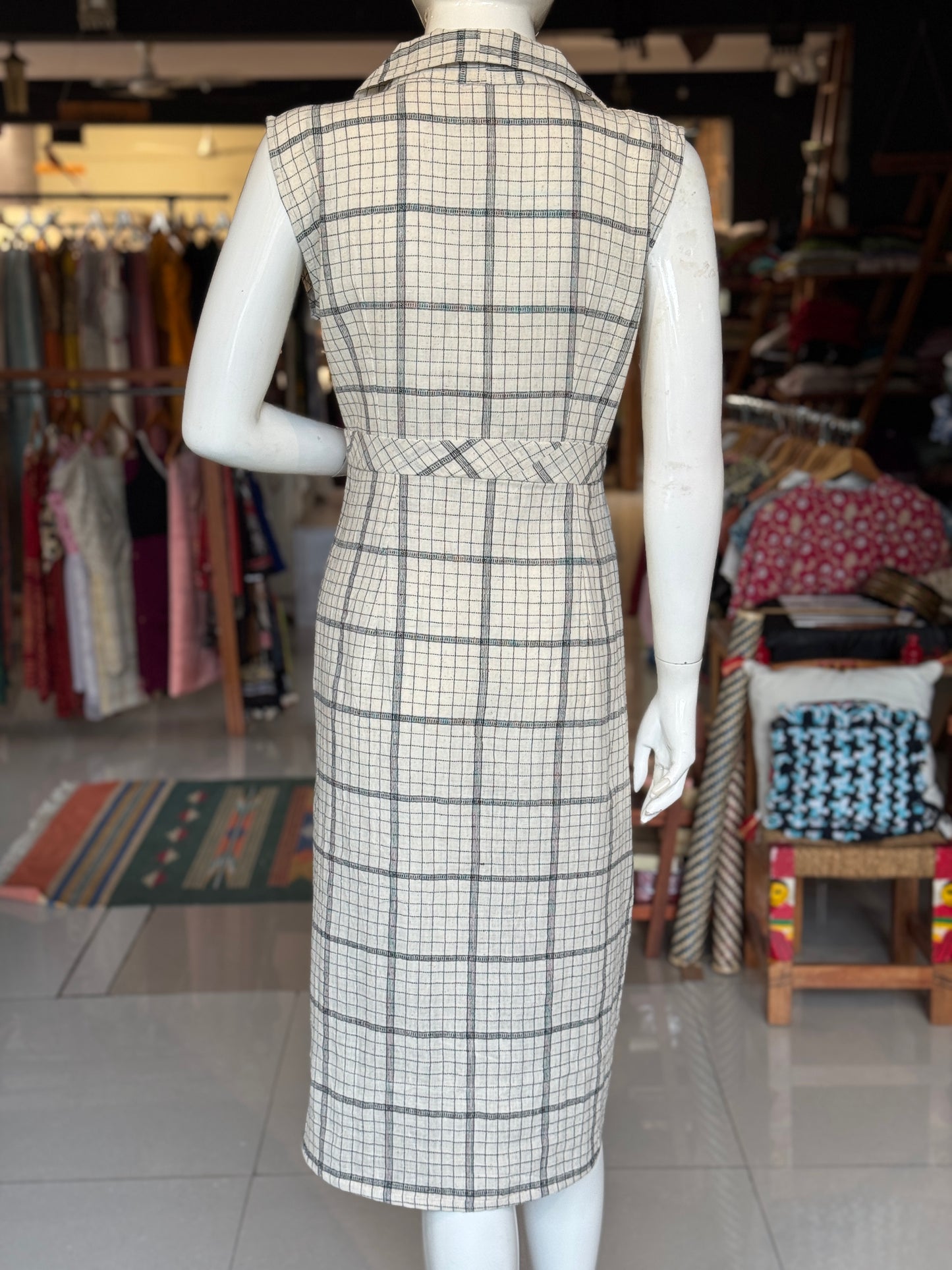 Off white checks kala cotton, handwoven dress with collared square neck