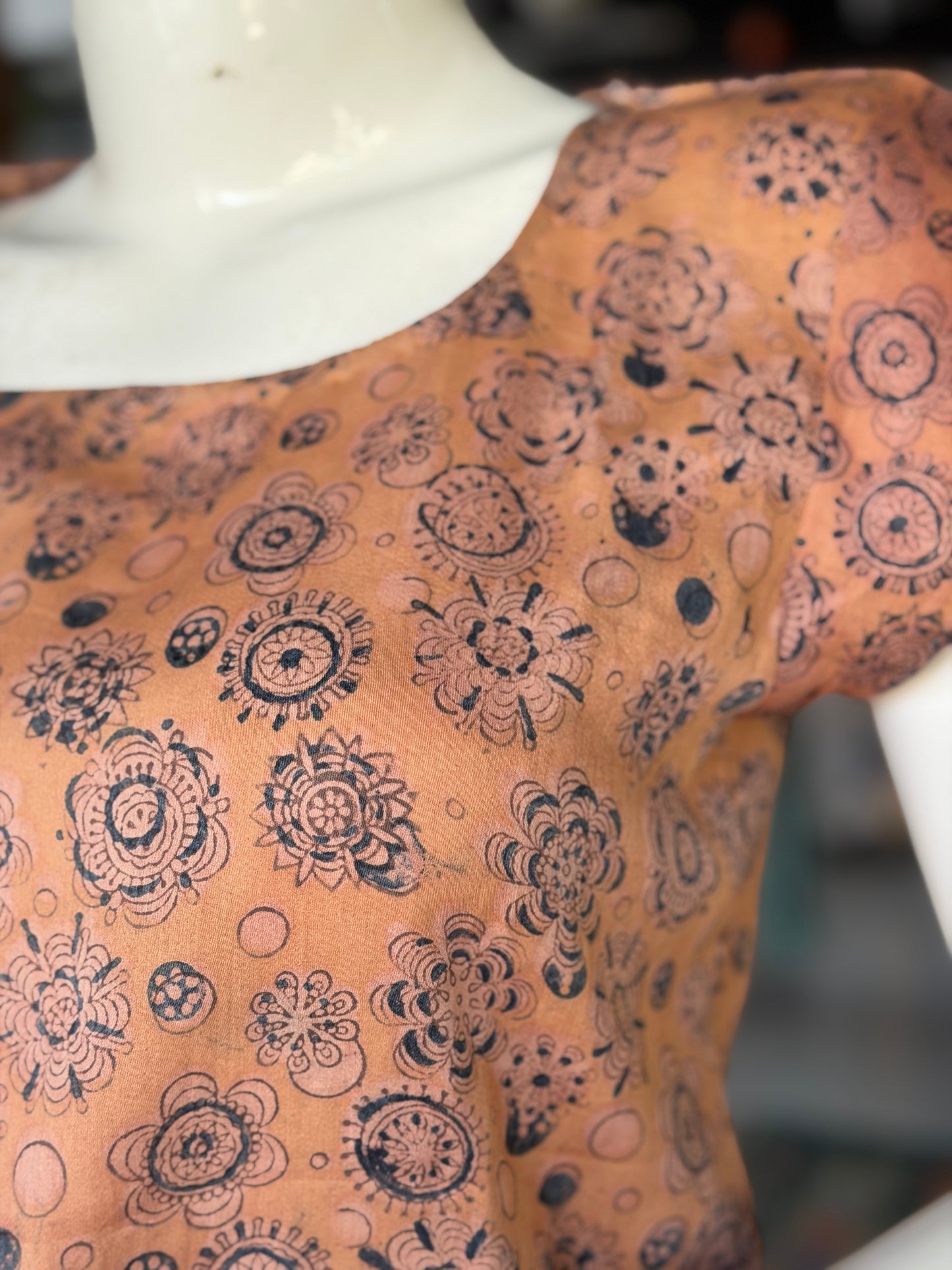 Blue flowers n circles on beige short kurti top - hand block printed, natural dyed, Kalamkari satin cotton top