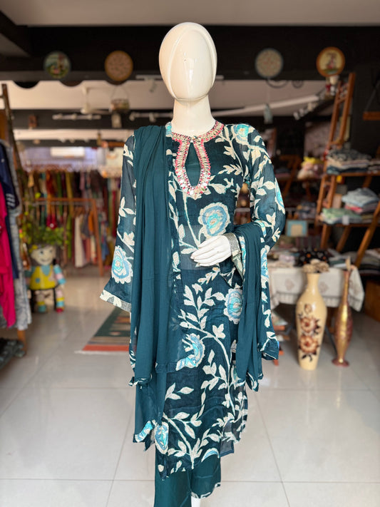 Teal green floral embroidered chinon suit set with slip, pants and dupatta- festive wear set