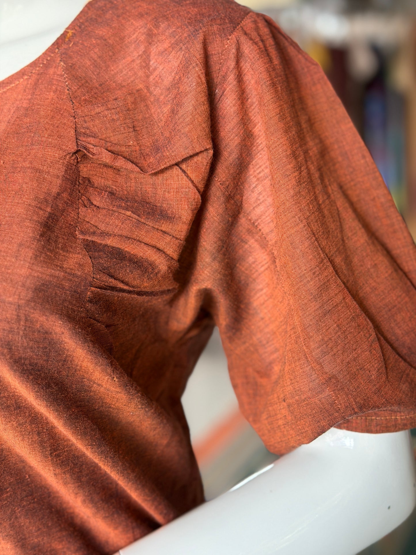 Brown soft mul handwoven cotton top with gathers near neck line