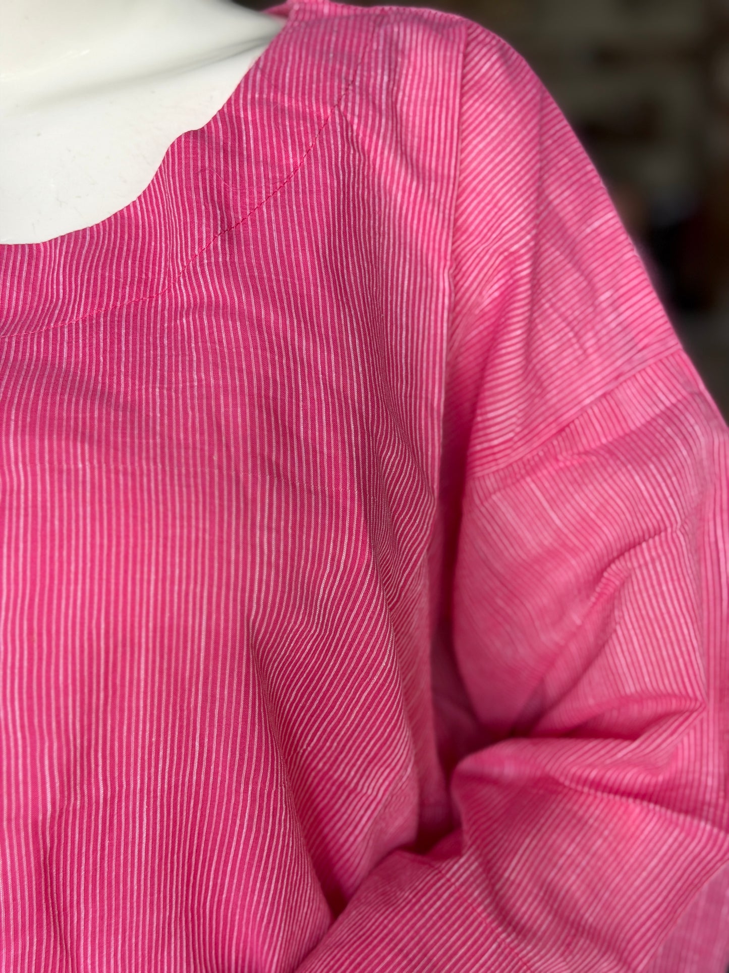 Pink n white fine stripes handwoven boxy cotton top - relaxed fit