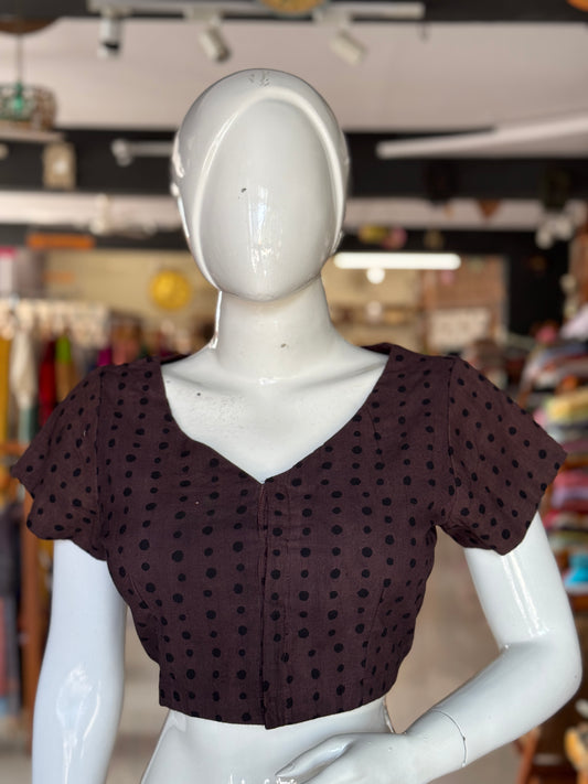 Coffee brown polka dots Ajrakh handblock printed, natural dyed cotton front open blouse
