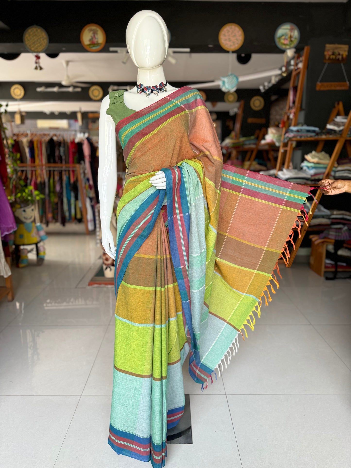 Brown and green color block hand woven soft cotton unique designer saree