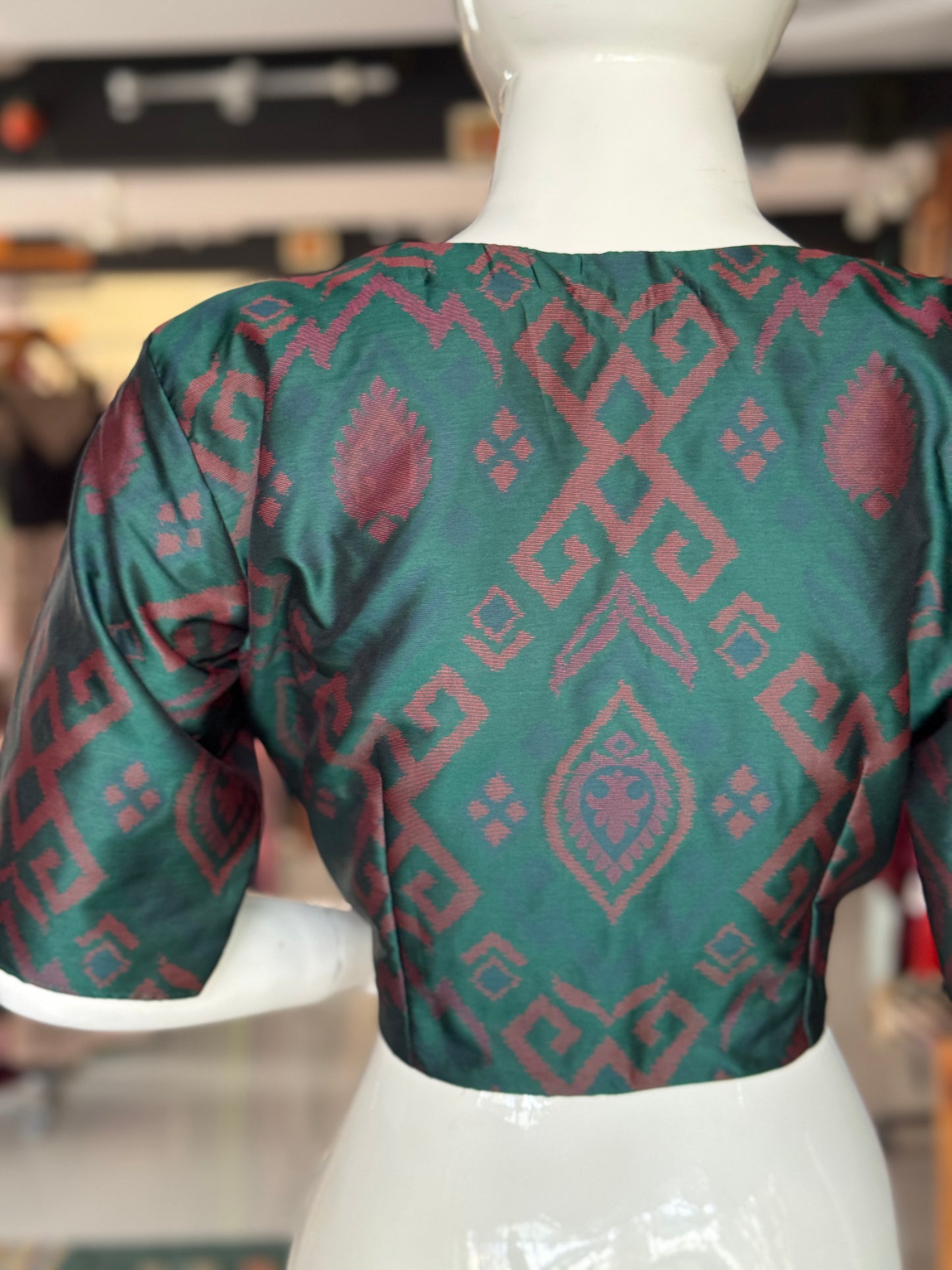 Dark green and brown princess cut front open blouse with lining