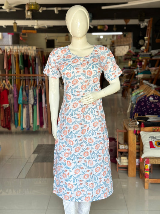 White with peach flowers and blue leaves hand block printed cotton straight kurti