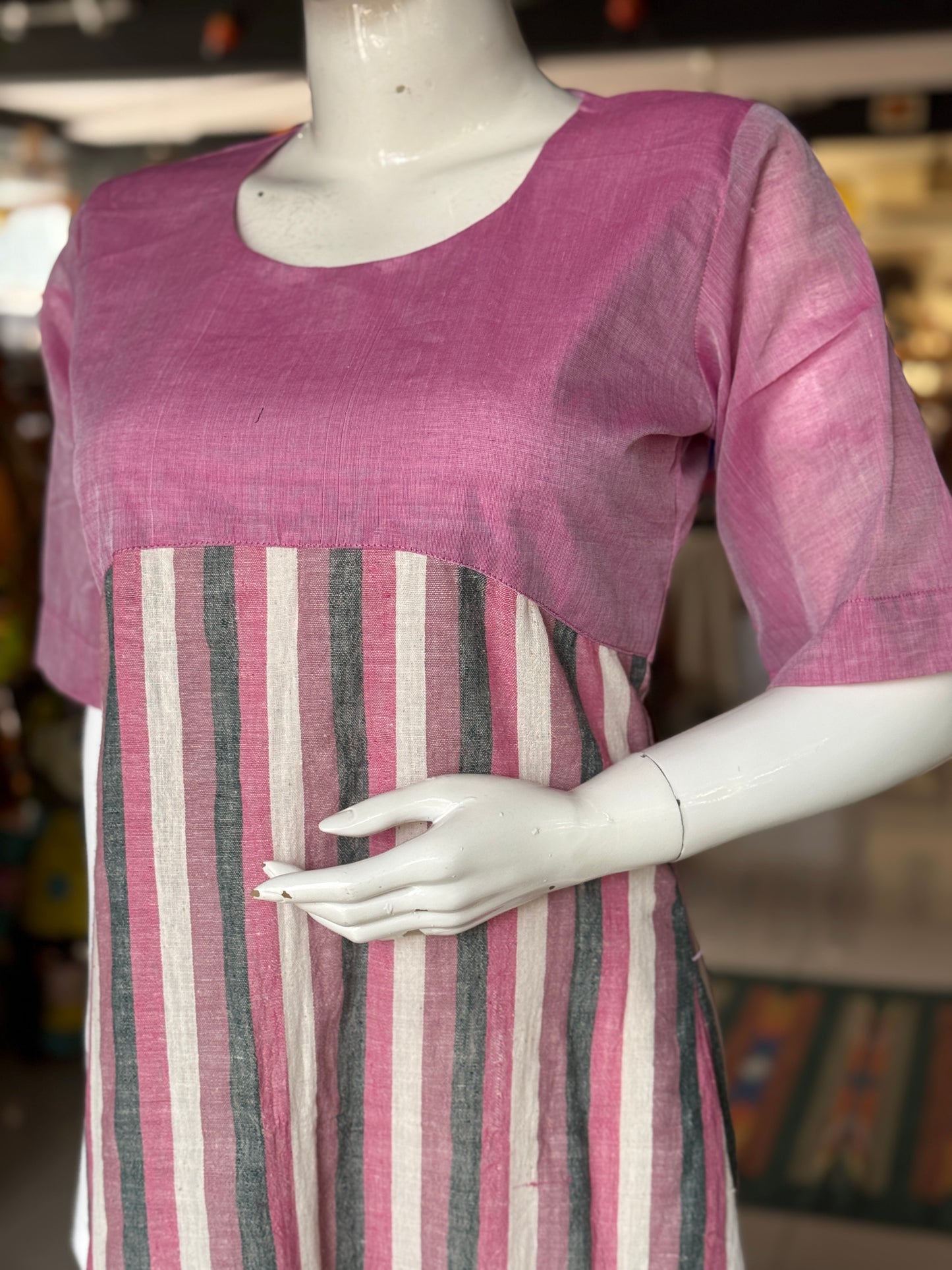 Pink n grey stripes kala cotton handloom dress