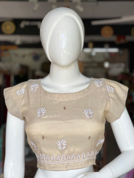 Gold Chanderi chikankari hand embroidered stylish crop top blouse