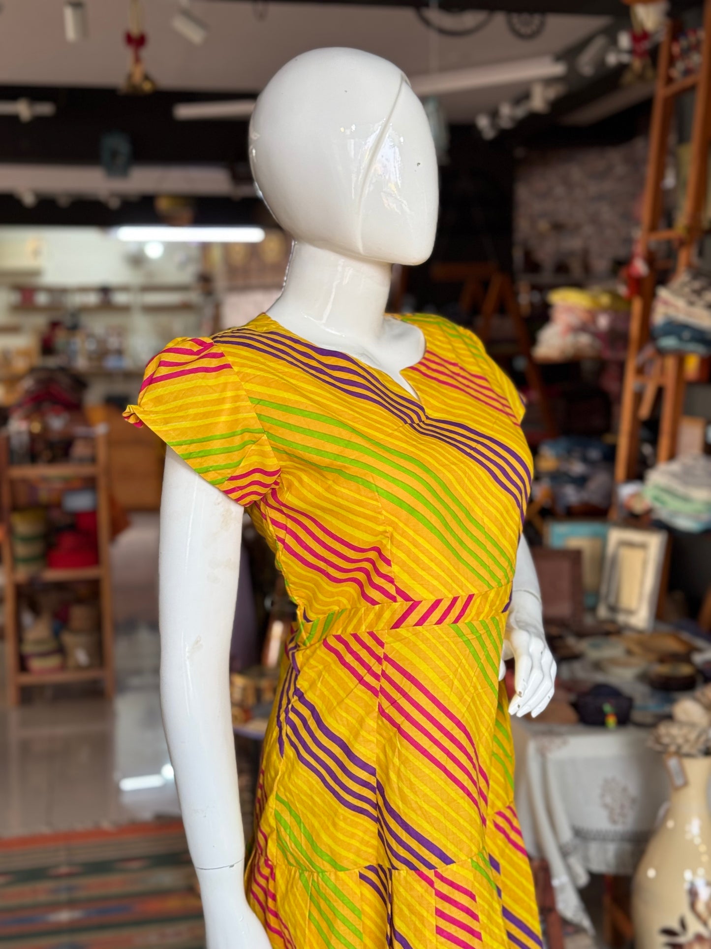 Yellow screen printed leheriya cotton dress
