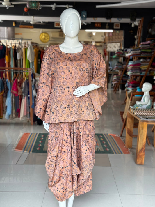 Beige with blue floral Kalamkari hand block printed cotton satin designer cowl skirt - with pockets